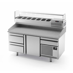 Mesas refrigeradas para pizza con Encimera de Acero Inoxidable con Vitrina Mesas refrigeradas para pizza con Encimera de Acero Inoxidable con Vitrina